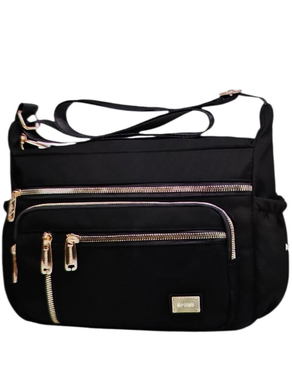 NPBAG Women’s Crossbody Shoulder Bag BLACK– Multi-Pocket, Gold-Tone Zippers, NWT